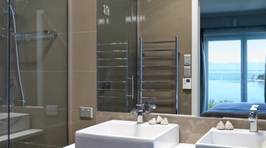 View of a bathroom with vanity and shower bathroom, bathroom accessory, interior design, sink, gray, black