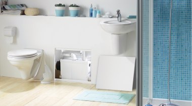 View of a newly renovated bathroom which features bathroom, bathroom accessory, bathroom cabinet, bathroom sink, ceramic, floor, interior design, plumbing fixture, product, product design, room, shelf, sink, tap, tile, toilet seat, wall, white