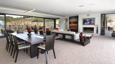 Interior view of the open-plan living and dining flooring, interior design, living room, property, real estate, table, white