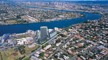 Aerial view of Hamilton Harbour development which was aerial photography, atmosphere of earth, bird's eye view, city, cityscape, daytime, metropolis, metropolitan area, photography, residential area, sky, skyline, suburb, tower block, urban area, urban design, water, waterway, gray