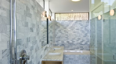 View of a bathroom which features a marble architecture, bathroom, ceiling, daylighting, floor, home, interior design, plumbing fixture, real estate, room, tile, wall, gray