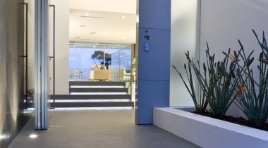 Exterior view of the front entrance with large architecture, floor, interior design, real estate, gray, blue, white