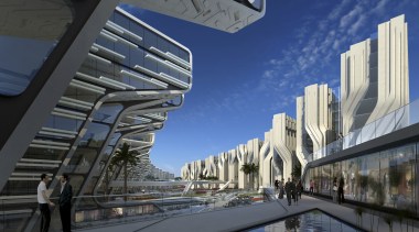 A View of Stone Towers by Zaha Hadid architecture, building, city, condominium, corporate headquarters, daytime, metropolis, metropolitan area, mixed use, reflection, sky, structure, water, blue, black, gray