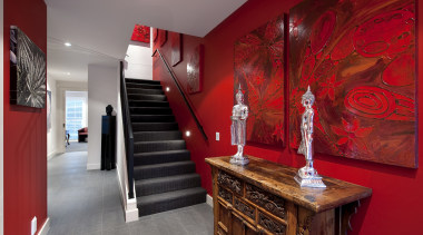 interior stairway view of a home of the interior design, room, red, gray