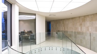 View of a stairway and balcony which features architecture, ceiling, daylighting, glass, interior design, white