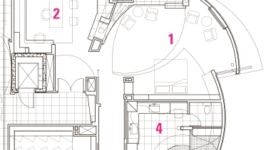 View of the master suite, bed, fireplace, recessed architecture, area, artwork, design, diagram, drawing, floor plan, line, line art, plan, product, product design, technical drawing, white