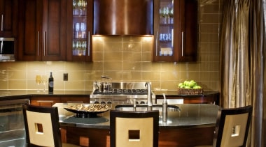 view of a kitchen which features a semi-circular countertop, dining room, interior design, kitchen, brown, red