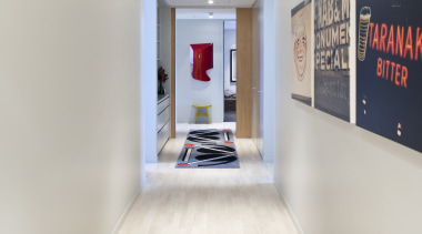 internal hallway view of an office building of ceiling, design, floor, flooring, interior design, room, wall, gray