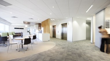View of the cafe-styled staff break-out area which ceiling, daylighting, floor, flooring, interior design, lobby, office, real estate, wood flooring, gray, white