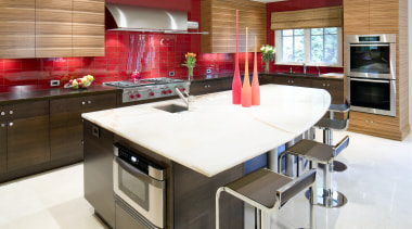 View of a contemporary kitchen which features a cabinetry, countertop, cuisine classique, interior design, kitchen, room, white