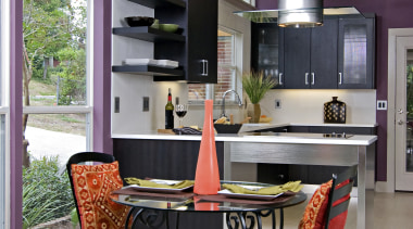 View of a remodeled kitchen which features lavender chair, countertop, dining room, furniture, interior design, kitchen, table, gray