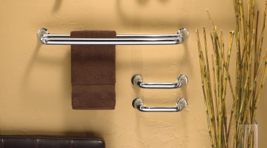 View of a bathroom which features stainless steel bathroom, furniture, metal, plumbing fixture, product design, shelf, shelving, tap, wall, orange