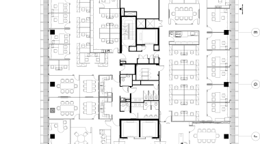 View of updated offices featuring dark timber floors, area, black and white, design, diagram, drawing, floor plan, font, line, music, pattern, plan, product design, schematic, square, structure, text, white