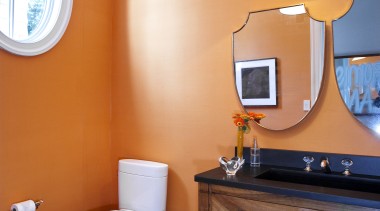 Interior view of this unique bathroom featuring curved architecture, bathroom, ceiling, daylighting, floor, home, house, interior design, orange, room, suite, table, wall, brown