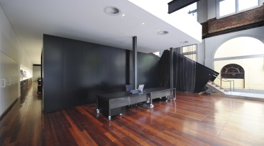 Architectural firm Coz Howlett &amp; Bailey Woodland relocated architecture, ceiling, daylighting, floor, flooring, hardwood, house, interior design, laminate flooring, loft, real estate, wood, wood flooring, gray