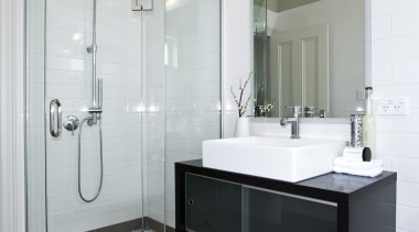 White subway tiles and Atlantis EasyTile frameless glass bathroom, bathroom accessory, bathroom cabinet, floor, interior design, room, sink, tile, gray, white