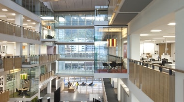 View of the atrium of the new BNZ daylighting, interior design, mixed use, gray