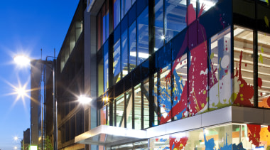 View of the new Les Wills gym in architecture, building, city, commercial building, condominium, downtown, facade, house, metropolitan area, mixed use, neighbourhood, real estate, residential area, sky, urban area, window, blue