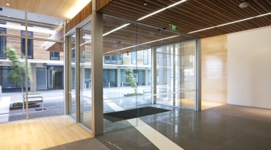 View of mixed use development at 8 Nugent. architecture, ceiling, daylighting, floor, glass, house, interior design, lobby, real estate, window, brown, white