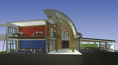 Conceptual drawing of a clean energy cemtre which architecture, building, elevation, home, house, sky, blue, black