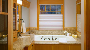 View of bathroom featuring wood joinery and tiled bathroom, cabinetry, countertop, estate, home, interior design, real estate, room, suite, window, brown, orange