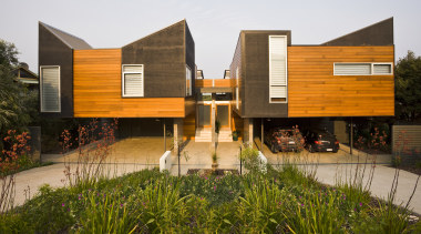 View of the exterior of a Glenn Russel architecture, facade, home, house, property, real estate, residential area, brown, white