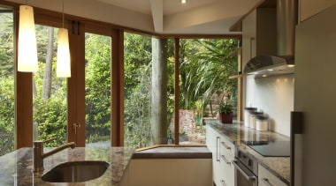 A new layout ensures views take priority.Mood lighting architecture, countertop, estate, home, house, interior design, real estate, window, brown