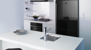 This chic kitchen features a bottom-mount refrigerator, oven, furniture, kitchen, office, product, product design, table, white