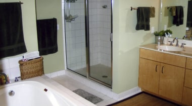 View of bathroom prior to renovations. - View bathroom, bathroom accessory, bathtub, floor, flooring, home, interior design, plumbing fixture, property, room, tile, window, gray