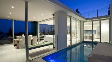 View of Home in Noosa by architects Resitsma apartment, architecture, condominium, daylighting, estate, home, house, interior design, penthouse apartment, property, real estate, swimming pool, window, gray, blue