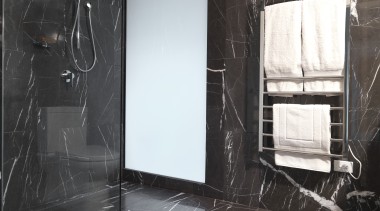 View of bathroom which features chocolate-coloured marble floor architecture, black and white, ceiling, floor, flooring, glass, interior design, room, tile, wall, window, black, gray