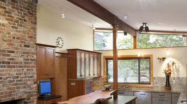 View of this contemporary kitchen with many accessories ceiling, countertop, estate, home, interior design, kitchen, real estate, room, brown, gray