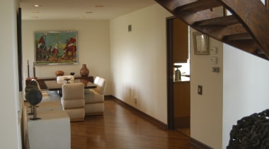 View of this contemporary dining room - View ceiling, floor, flooring, hardwood, house, interior design, living room, loft, property, real estate, room, wood flooring, brown