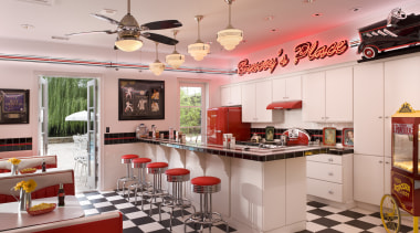 View of retro-styled kitchen featuring black and white countertop, interior design, kitchen, real estate, gray, red