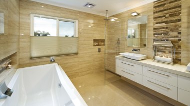 Natural colours dominate this bathroom with open shower bathroom, estate, floor, flooring, home, interior design, property, real estate, room, tile, orange, gray