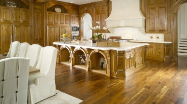 View of classical kitchen &amp; dining area with cabinetry, countertop, cuisine classique, floor, flooring, furniture, hardwood, home, interior design, kitchen, laminate flooring, room, table, wood, wood flooring, brown, white