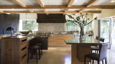 Ranch-style kitchen by Applegate Tran Interiors - Ranch-style cabinetry, ceiling, countertop, cuisine classique, flooring, hardwood, interior design, kitchen, real estate, room, brown