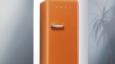 View of classic Smeg refrigerator. - View of home appliance, kitchen appliance, major appliance, orange, product, product design, refrigerator, gray