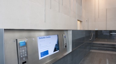 View of the elevators at the new Deloitte architecture, daylighting, floor, flooring, interior design, wall, gray