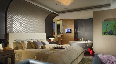 View of bedroom which features a bed with bedroom, ceiling, home, interior design, real estate, room, suite, wall, brown