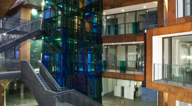 View of the Ironbank building which features rustic apartment, architecture, building, interior design, lobby, mixed use, gray