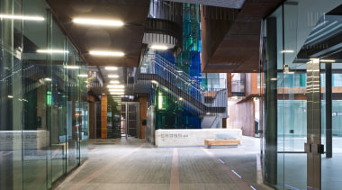 Interior view of the Ironbank building which features architecture, building, glass, metropolitan area, public transport, transport, black, gray