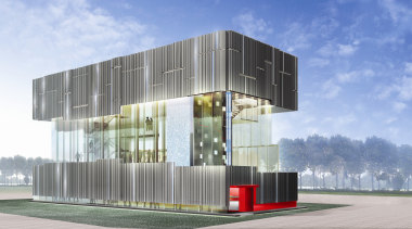 Conceptual view of the Hong Kong pavilion and architecture, building, commercial building, corporate headquarters, elevation, facade, home, mixed use, shipping container, teal, gray