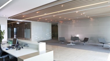 Interior view of the Deloitte office reception area architecture, ceiling, daylighting, interior design, lobby, office, gray, white