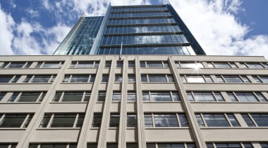 View of the Deloitte Centre at 80 Queen apartment, architecture, building, commercial building, condominium, corporate headquarters, daytime, facade, headquarters, landmark, metropolis, metropolitan area, mixed use, real estate, residential area, sky, skyscraper, tower block, urban area, window, gray