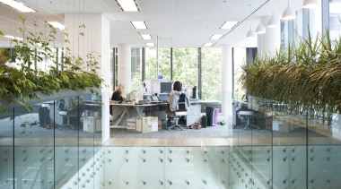 The offices of BNZ feature a combination of architecture, building, ceiling, condominium, daylighting, glass, interior design, lobby, mixed use, gray, white