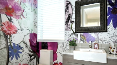 view of powder room at this Jalcon Homes bathroom, ceiling, floor, home, interior design, pink, purple, room, wall, gray, white