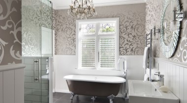 View of bathroom in a 1930s bungalow designed bathroom, floor, home, interior design, room, tile, wall, window, gray