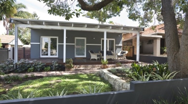 Exterior view of this entrance way - Exterior backyard, cottage, estate, facade, home, house, property, real estate, residential area, window, yard, black