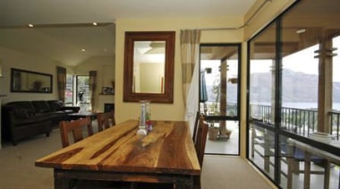 Overview of dining area with Timber Table - ceiling, dining room, floor, flooring, interior design, living room, property, real estate, room, window, brown